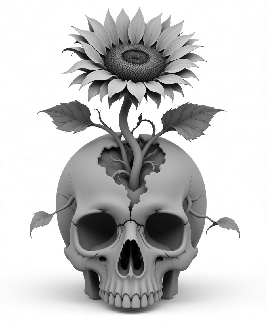 Skull with Sunflower Sculpture free 3D printable STL