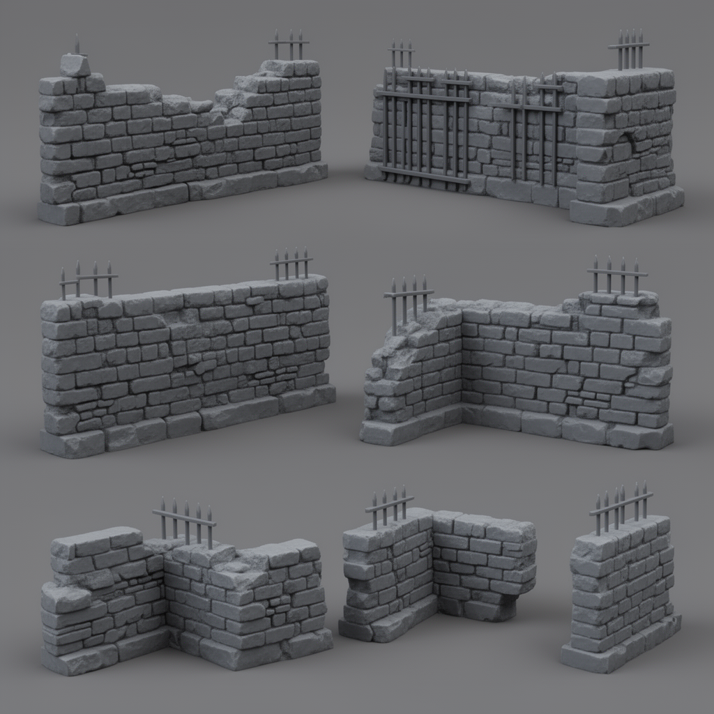 Medieval Cemetery Wall Sections free 3D printable STL