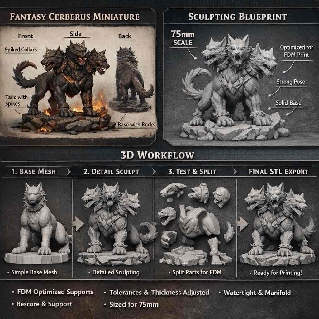 Fantasy Cerberus Miniature free 3D printable STL